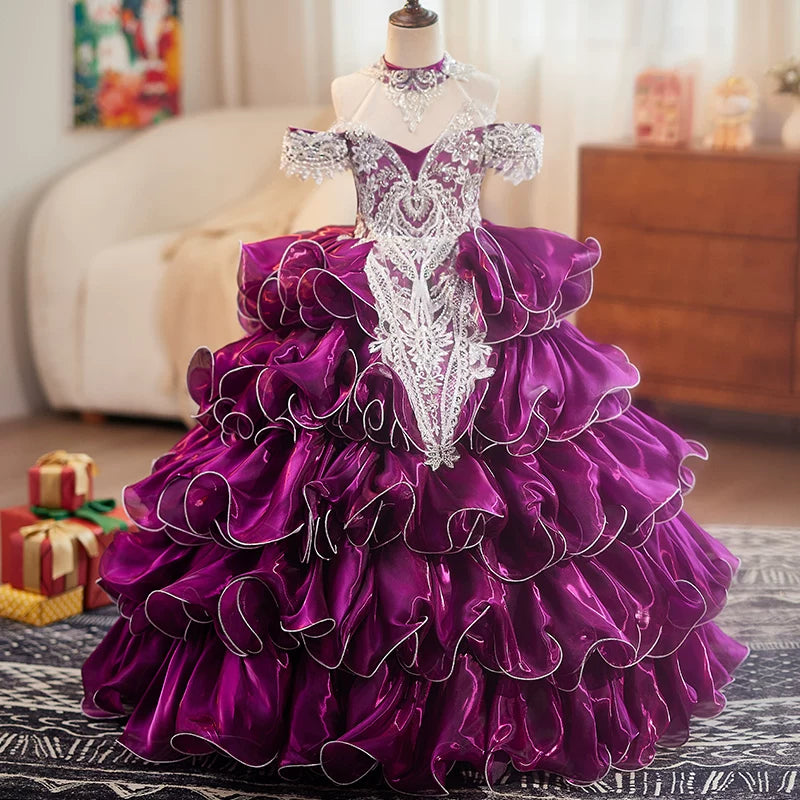 Purple Organza A-Line Maxi Dress for Girls – Lace, Sequins & Tiered Skirt