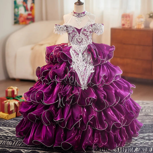 Purple Organza A-Line Maxi Dress for Girls – Lace, Sequins & Tiered Skirt