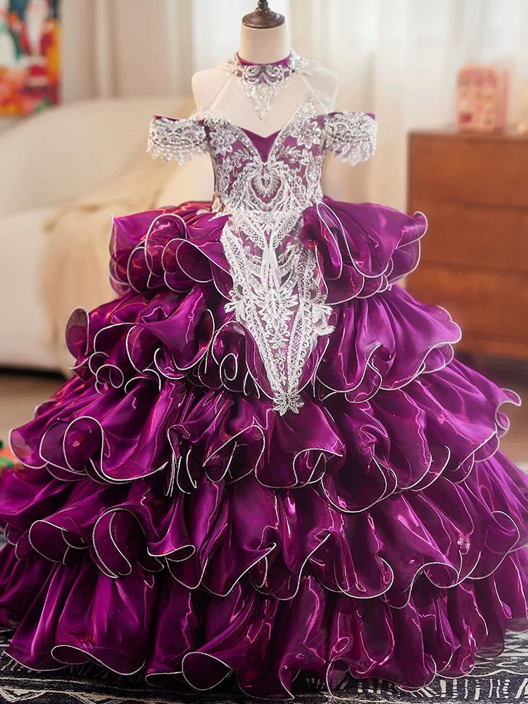 Purple Organza A-Line Maxi Dress for Girls – Lace, Sequins & Tiered Skirt