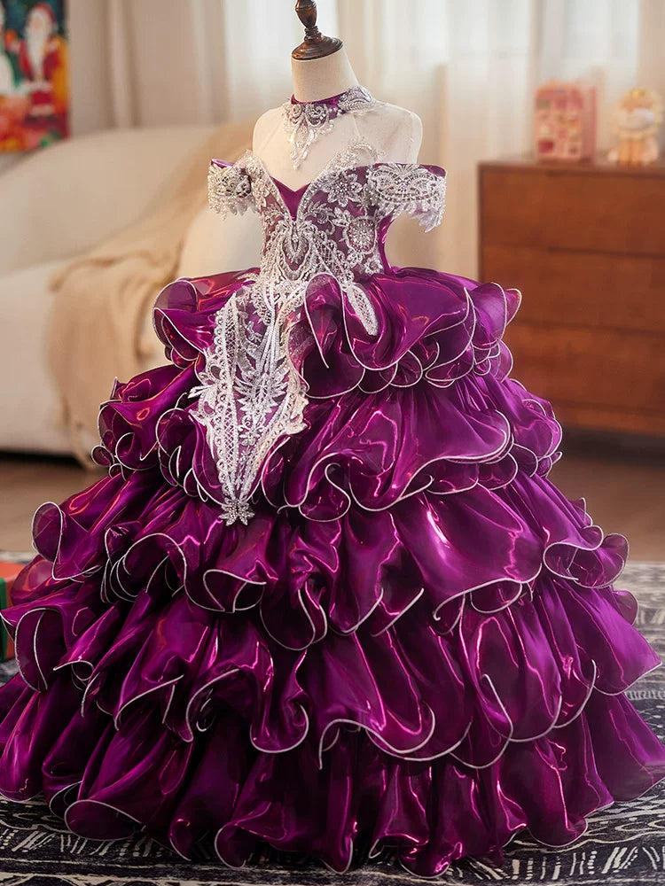Purple Organza A-Line Maxi Dress for Girls – Lace, Sequins & Tiered Skirt