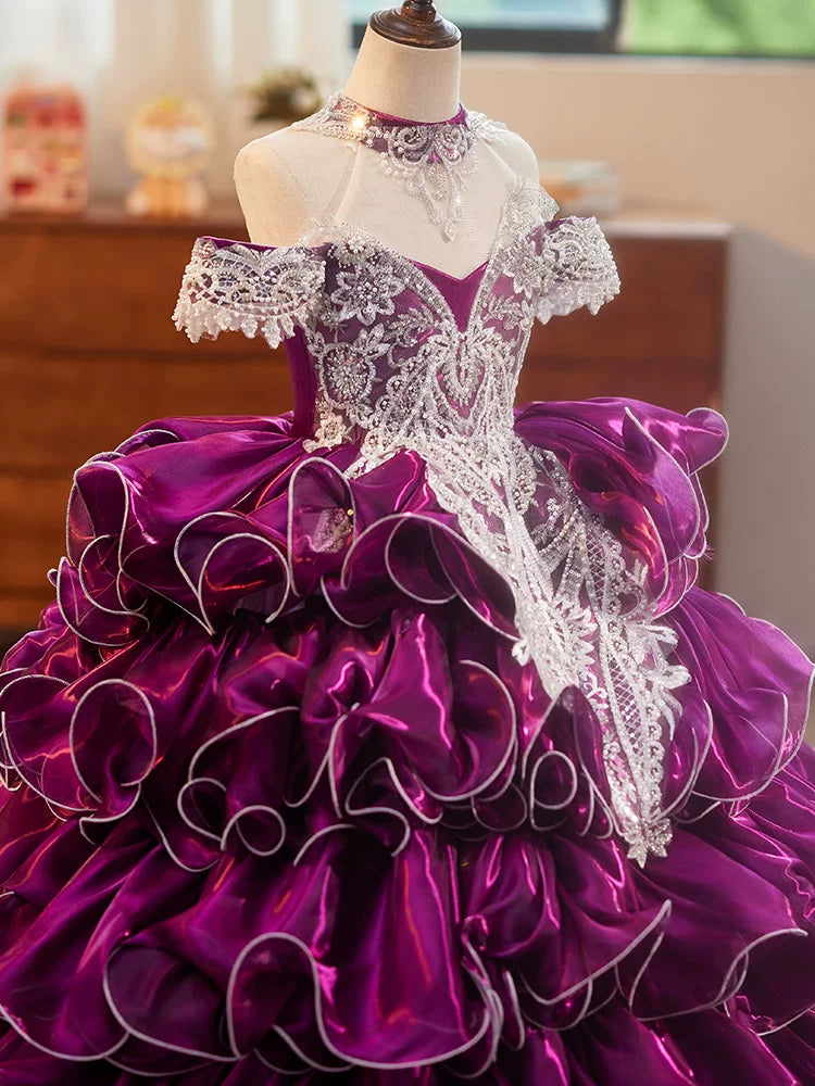 Purple Organza A-Line Maxi Dress for Girls – Lace, Sequins & Tiered Skirt