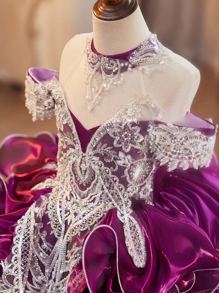 Purple Organza A-Line Maxi Dress for Girls – Lace, Sequins & Tiered Skirt