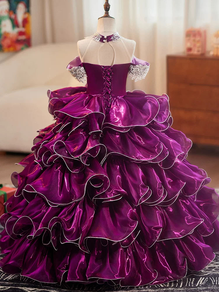 Purple Organza A-Line Maxi Dress for Girls – Lace, Sequins & Tiered Skirt