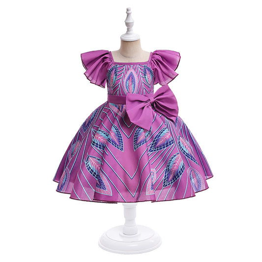 Purple A-Line Princess Dress with Cartoon Print & Bowknot for Girls