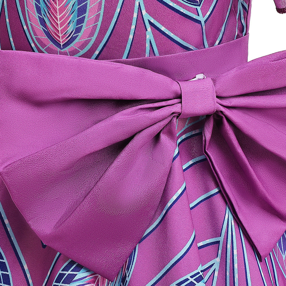 Purple A-Line Princess Dress with Cartoon Print & Bowknot for Girls