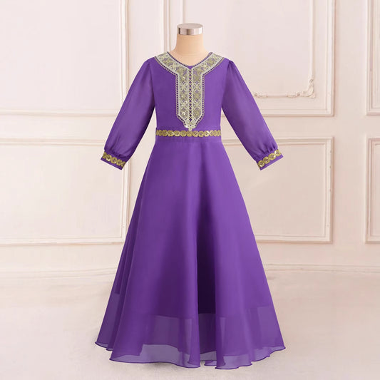 Purple Chiffon Maxi Dress for Girls with Sequins & Embroidery | Long Sleeve Party Gown Ages 5-13