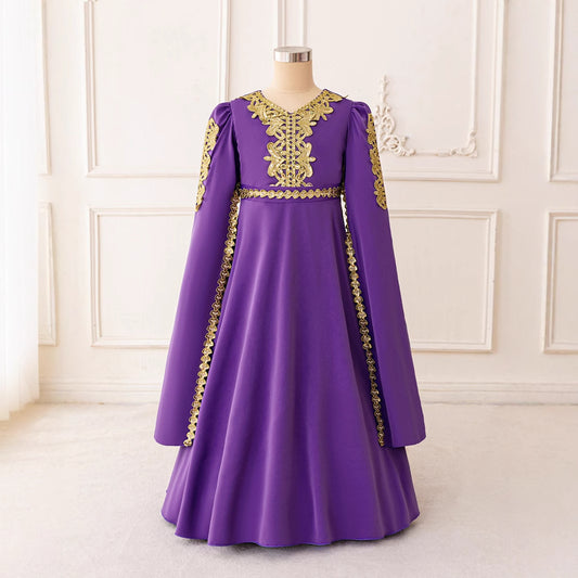 Cute Purple Long Sleeve Maxi Dress for Girls – Lace & Sequin Party Gown