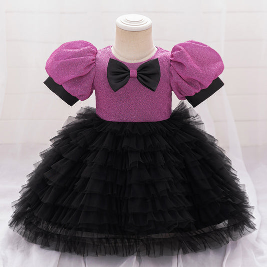 Purple Puffy Princess Ball Gown Dress for Little Girls – Tea Length, Tulle & Sequin