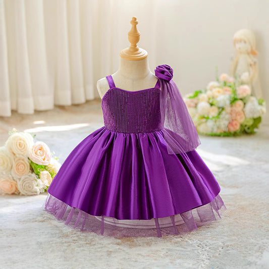 Purple Puffy Off-Shoulder Tea-Length Ball Gown for Girls – Party & Wedding Dress
