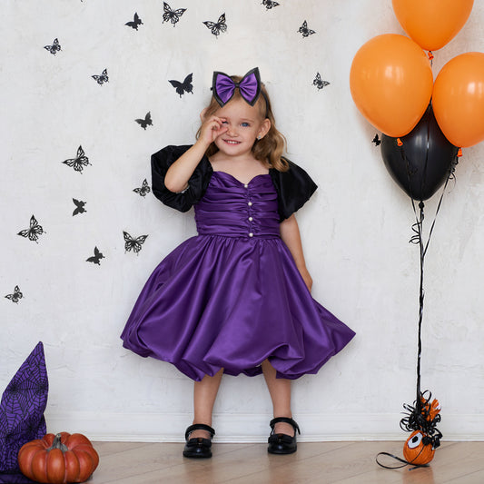 Purple A-line Satin Princess Dress with Puff Sleeves for Girls | Tea-Length Kids Party Dress