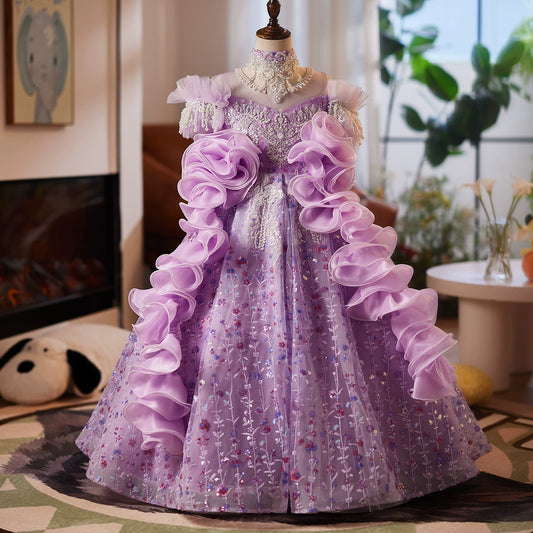 Purple Sequin Embroidered A-Line Girls Maxi Dress – Cute Party & Flower Girl Gown