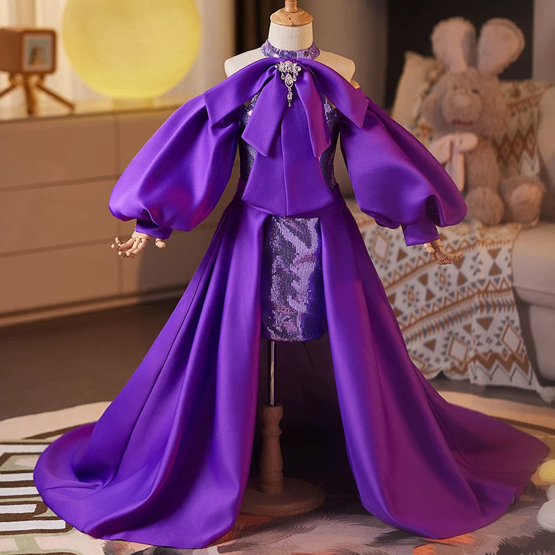 Purple Sequin A-Line High-Low Dress with Train for Girls | Satin & Bead Embellished Gown