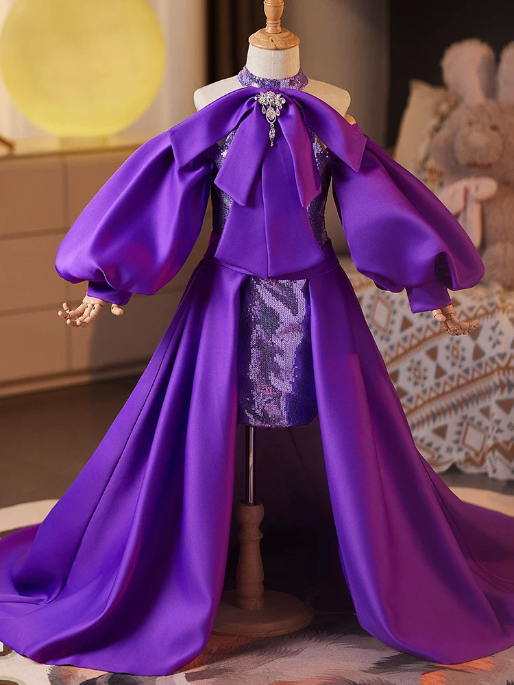Purple Sequin A-Line High-Low Dress with Train for Girls | Satin & Bead Embellished Gown