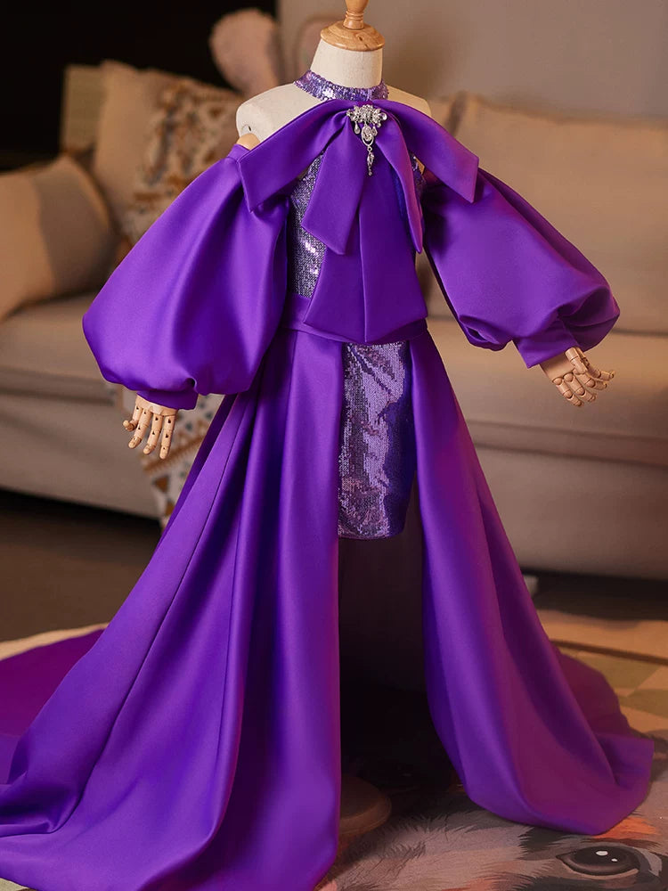 Purple Sequin A-Line High-Low Dress with Train for Girls | Satin & Bead Embellished Gown