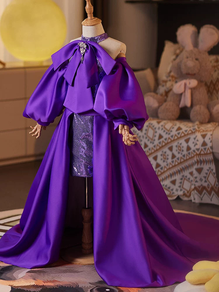 Purple Sequin A-Line High-Low Dress with Train for Girls | Satin & Bead Embellished Gown