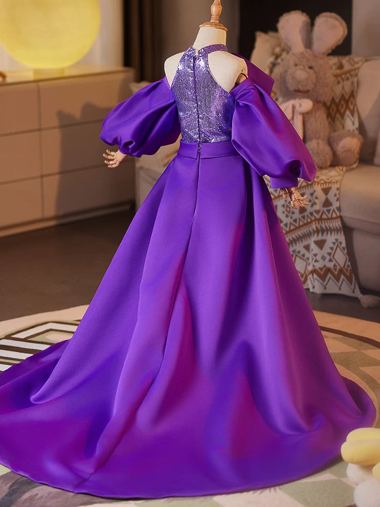 Purple Sequin A-Line High-Low Dress with Train for Girls | Satin & Bead Embellished Gown