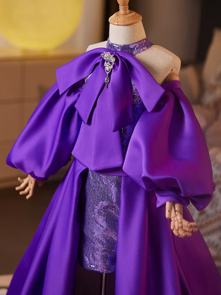 Purple Sequin A-Line High-Low Dress with Train for Girls | Satin & Bead Embellished Gown