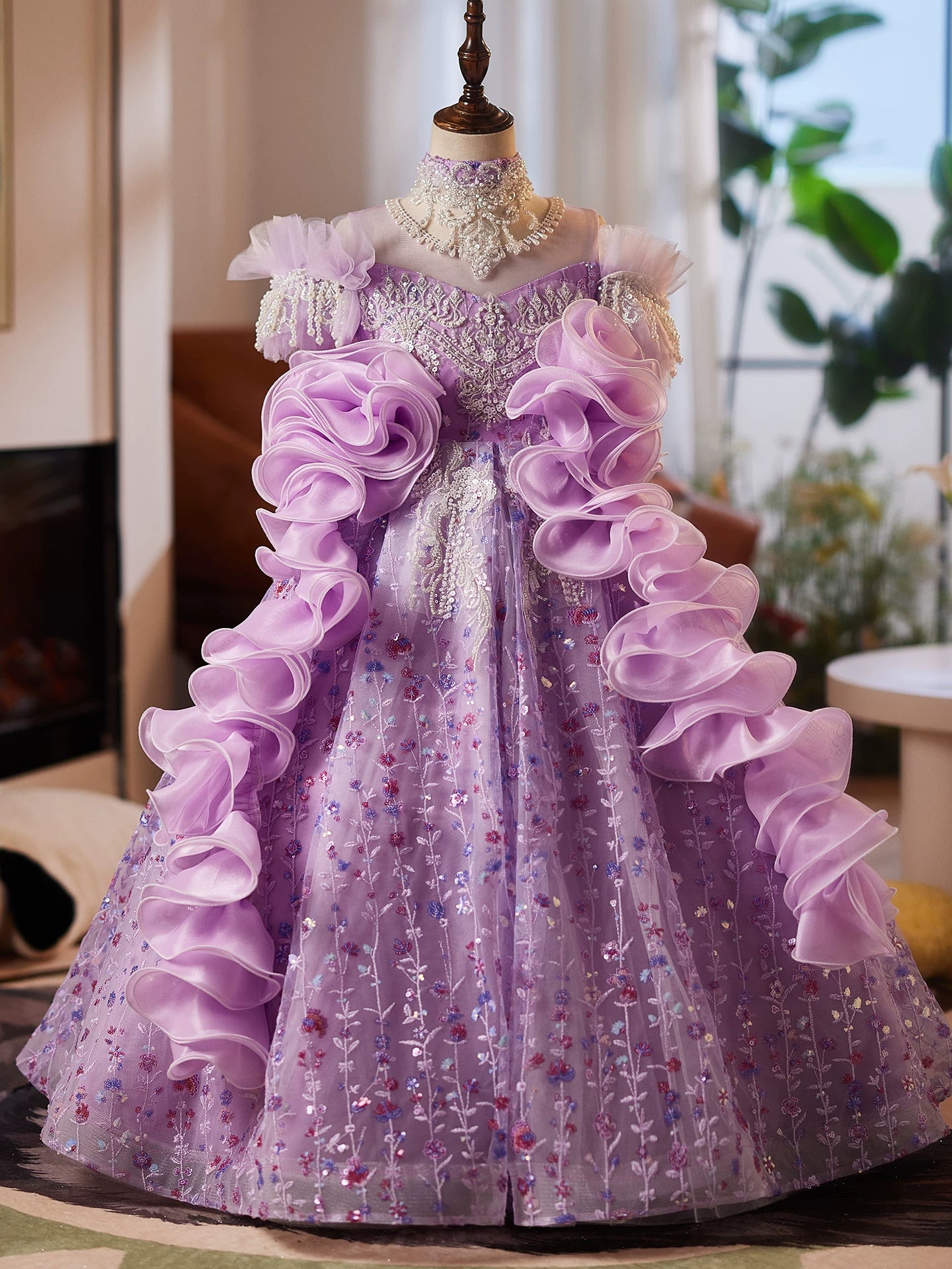 Purple Sequin Maxi Dress for Girls with Flower Appliques – A-line Party, Wedding & Photoshoot Gown