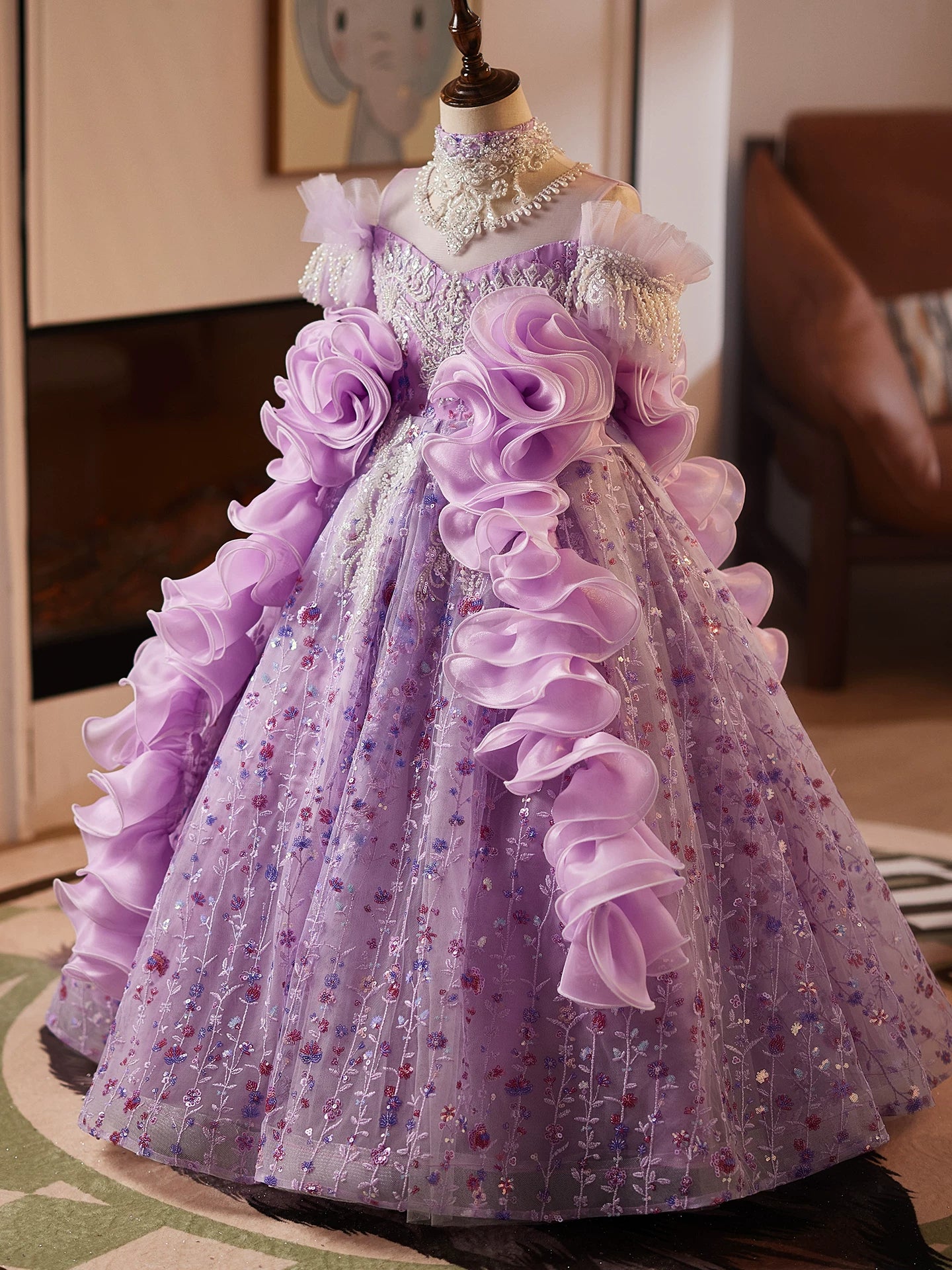 Purple Sequin Maxi Dress for Girls with Flower Appliques – A-line Party, Wedding & Photoshoot Gown