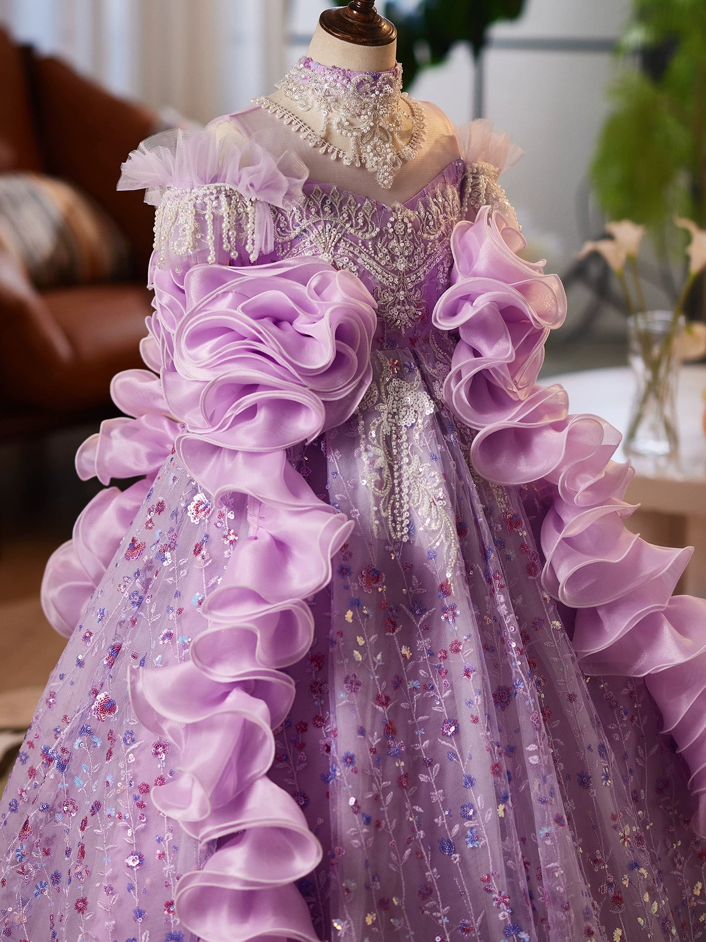 Purple Sequin Maxi Dress for Girls with Flower Appliques – A-line Party, Wedding & Photoshoot Gown