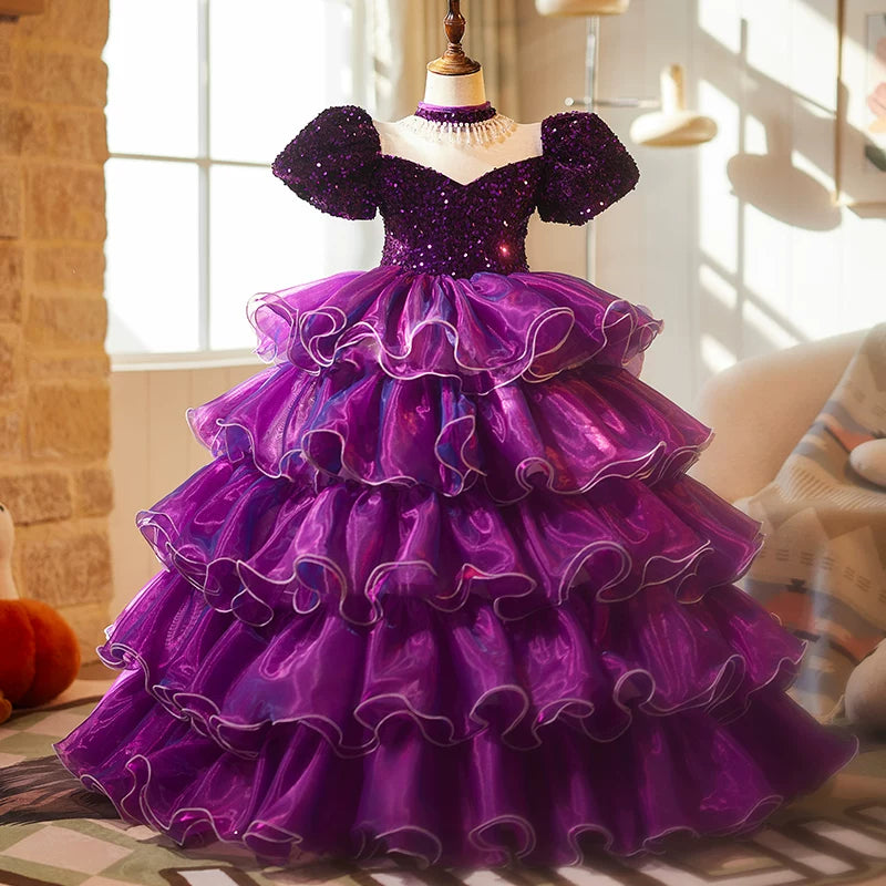 Purple Sequin Princess Ball Gown Dress for Girls – Floor Length Party & Formal Wear