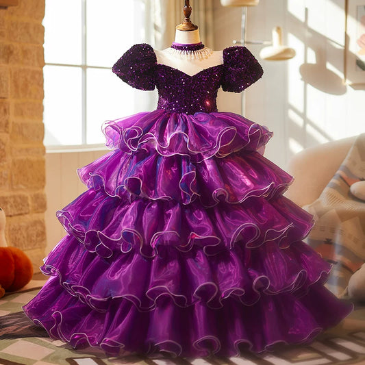 Purple Sequin Princess Ball Gown Dress for Girls – Floor Length Party & Formal Wear