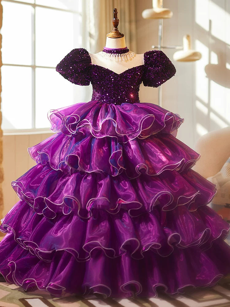Purple Sequin Princess Ball Gown Dress for Girls – Floor Length Party & Formal Wear