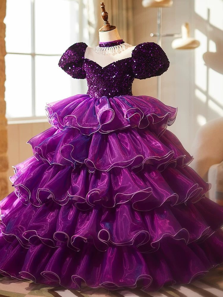 Purple Sequin Princess Ball Gown Dress for Girls – Floor Length Party & Formal Wear