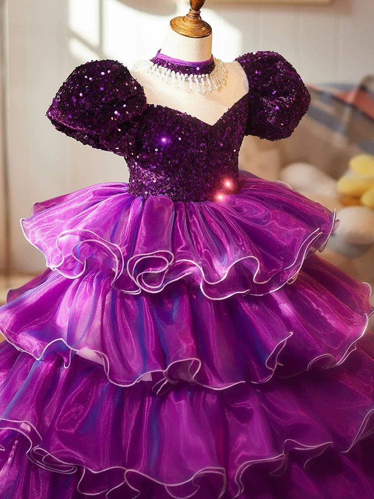 Purple Sequin Princess Ball Gown Dress for Girls – Floor Length Party & Formal Wear