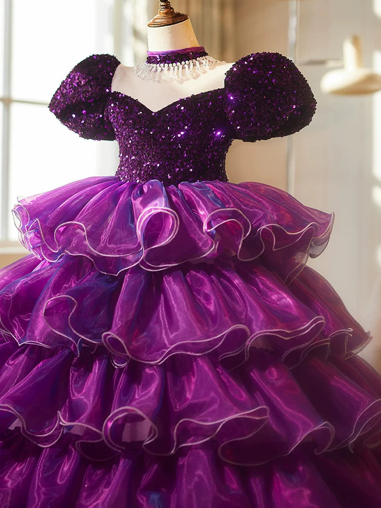 Purple Sequin Princess Ball Gown Dress for Girls – Floor Length Party & Formal Wear
