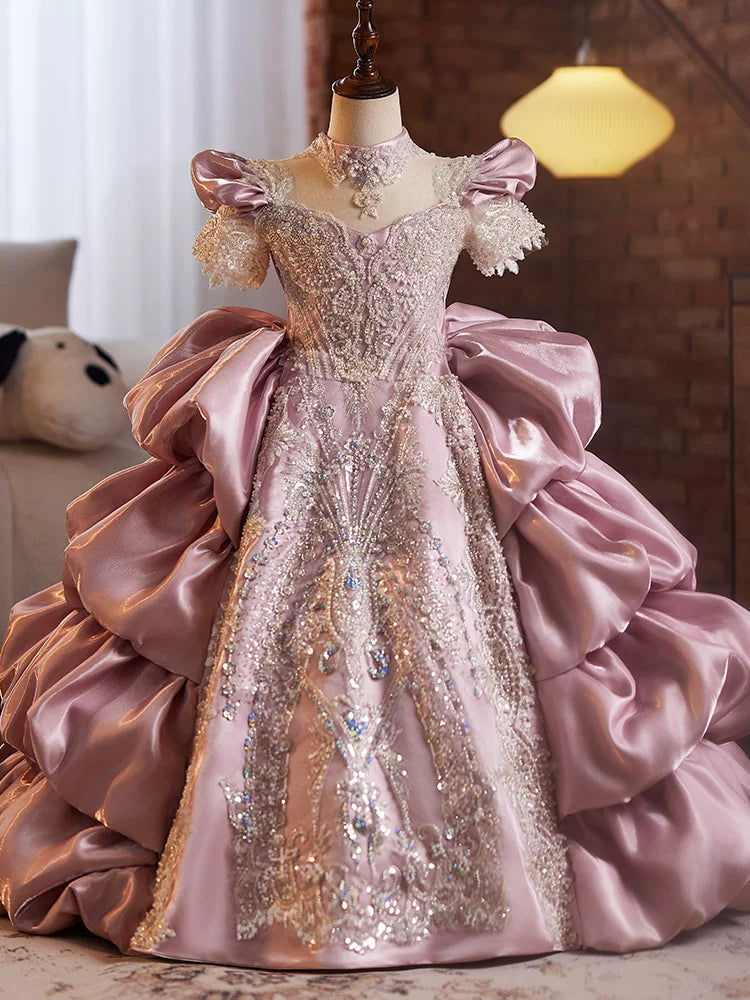 Purple A-Line Maxi Dress with Sequins & Appliques for Girls | Vintage Formal Gown