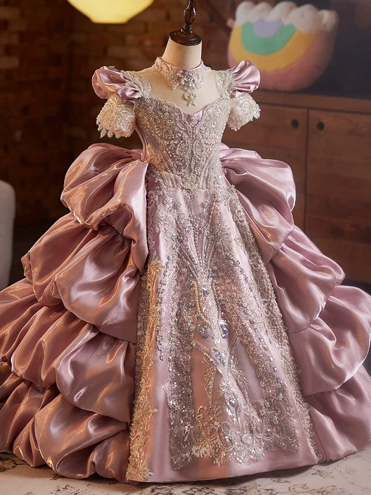 Purple A-Line Maxi Dress with Sequins & Appliques for Girls | Vintage Formal Gown