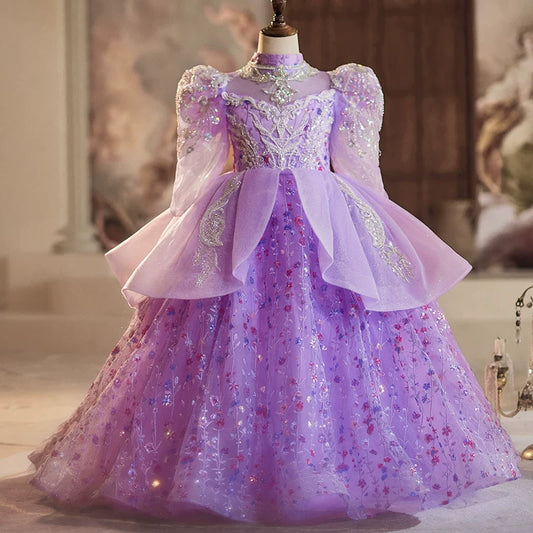 Purple Maxi Mesh Dress with Sequins for Girls – Flower Girl & Party Gown