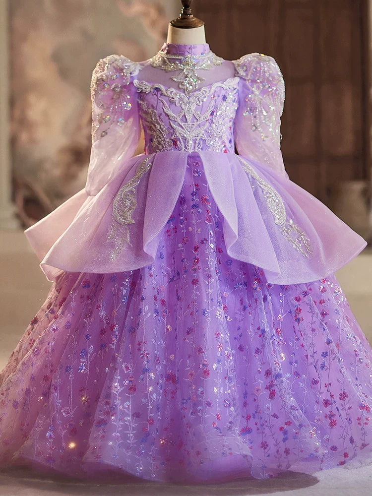 Purple Maxi Mesh Dress with Sequins for Girls – Flower Girl & Party Gown