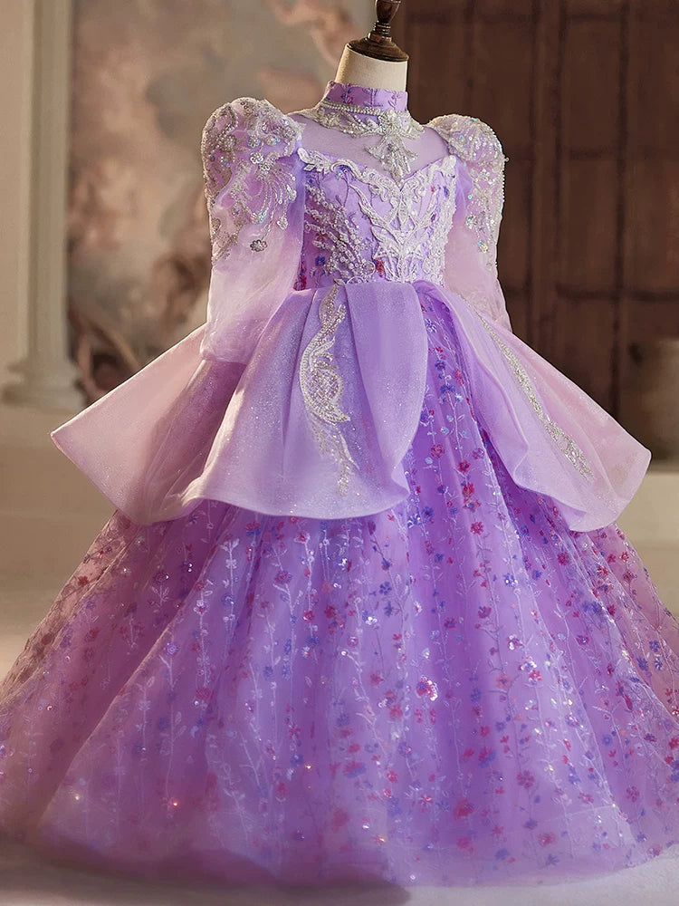 Purple Maxi Mesh Dress with Sequins for Girls – Flower Girl & Party Gown