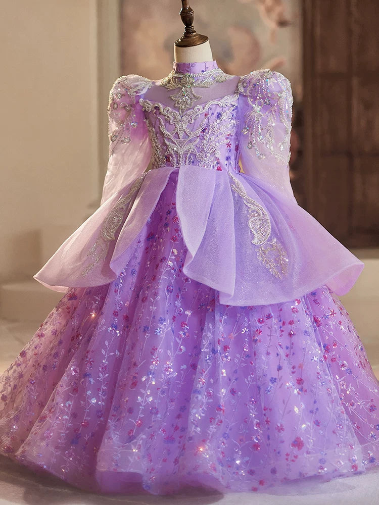 Purple Maxi Mesh Dress with Sequins for Girls – Flower Girl & Party Gown