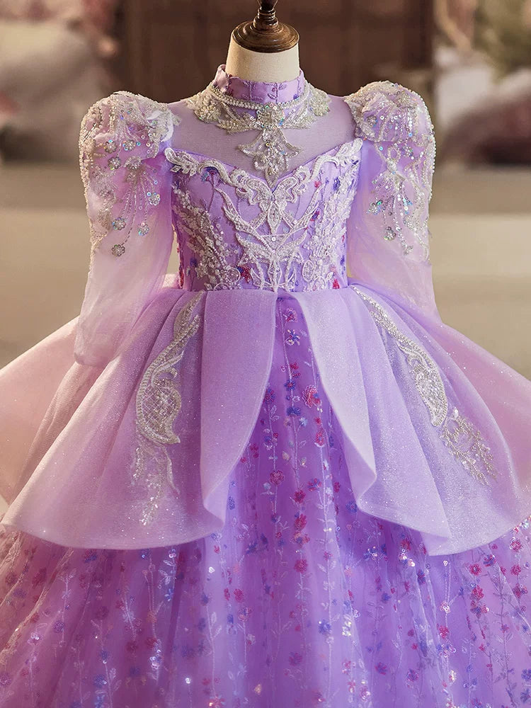 Purple Maxi Mesh Dress with Sequins for Girls – Flower Girl & Party Gown