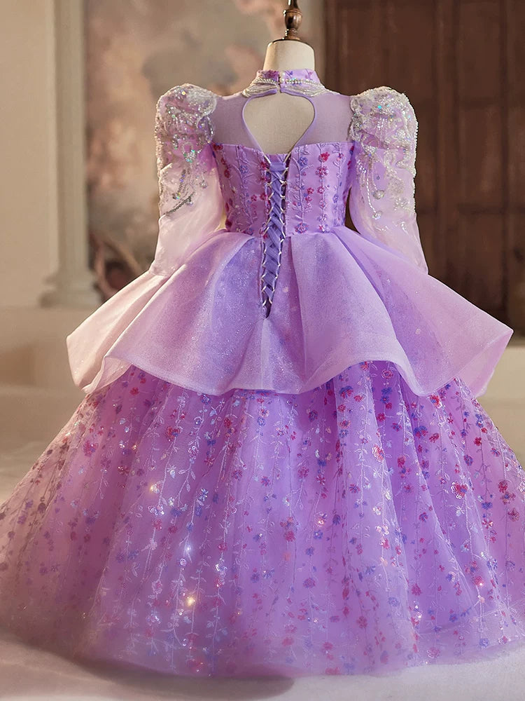 Purple Maxi Mesh Dress with Sequins for Girls – Flower Girl & Party Gown