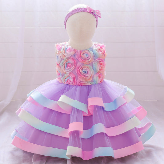 Rainbow Rose Ombre Tulle Princess Dress for Toddler Girls | Puffy Tiered Ball Gown