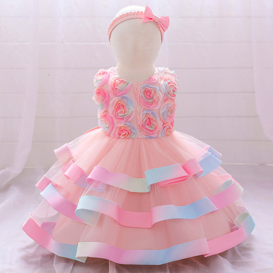Rainbow Rose Ombre Tulle Princess Dress for Toddler Girls | Puffy Tiered Ball Gown