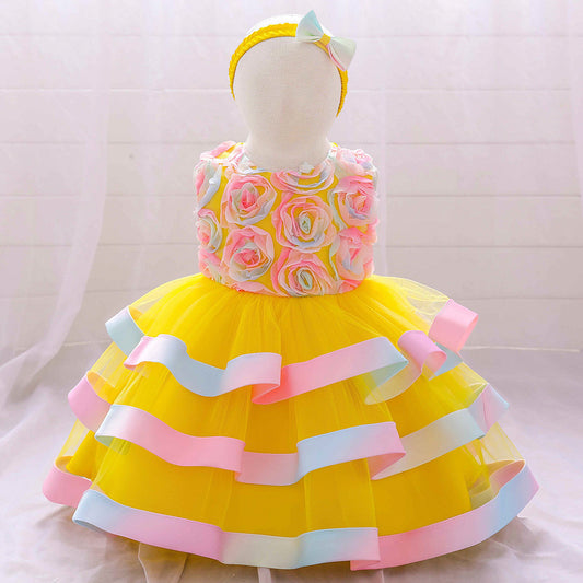 Rainbow Rose Ombre Tulle Princess Dress for Toddler Girls | Puffy Tiered Ball Gown