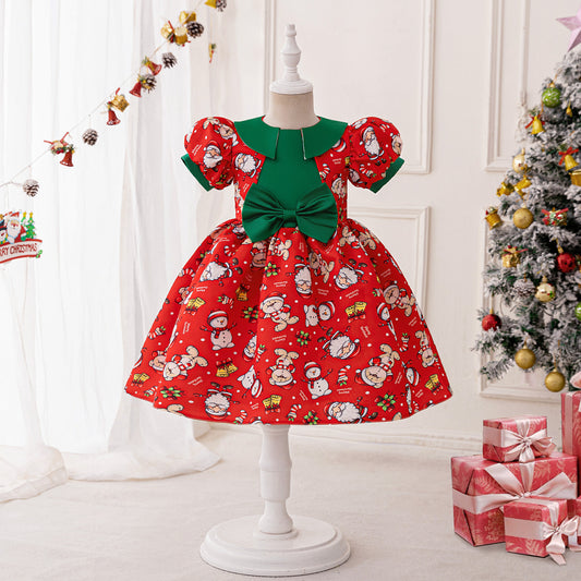 Red Cartoon Snowman Princess Dress – Kids' Christmas Party Outfit