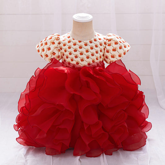 Red Floral Princess Puffy Sleeve Dress – Tea Length Ball Gown for Girls