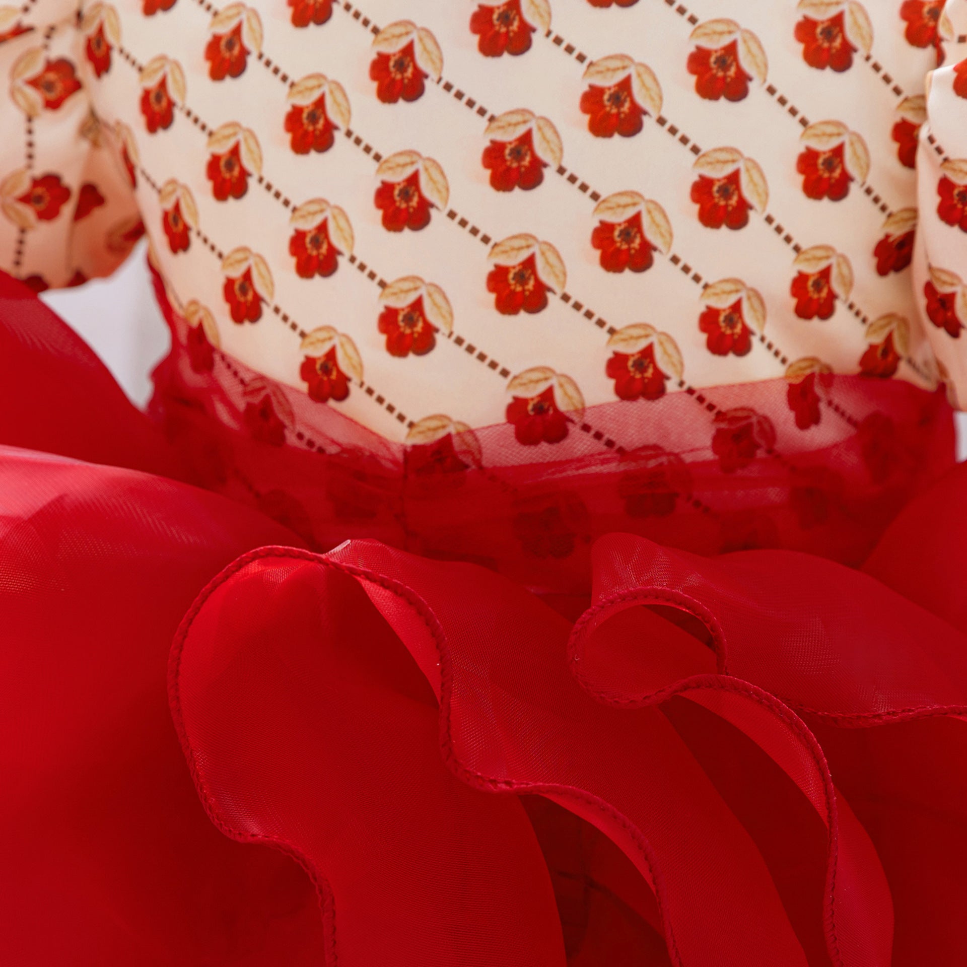 Red Floral Princess Puffy Sleeve Dress – Tea Length Ball Gown for Girls