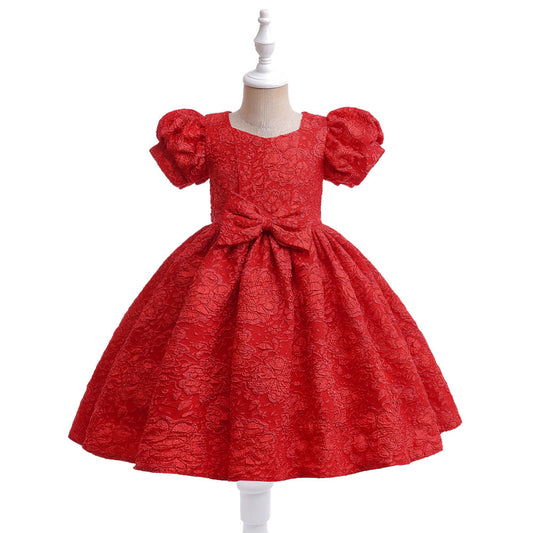 Red Floral Satin A-Line Girls Dress—Bow, Tea Length Princess Gown