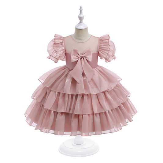 Red Organza Puffy Sleeve Ball Gown for Girls - Party & Flower Girl Dress