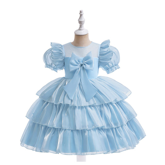 Red Organza Puffy Sleeve Ball Gown for Girls - Party & Flower Girl Dress