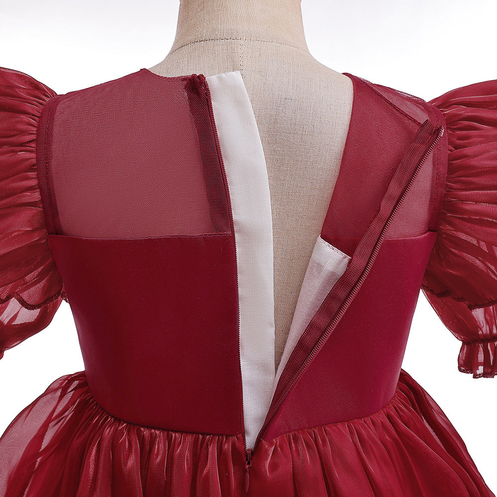 Red Organza Puffy Sleeve Ball Gown for Girls - Party & Flower Girl Dress
