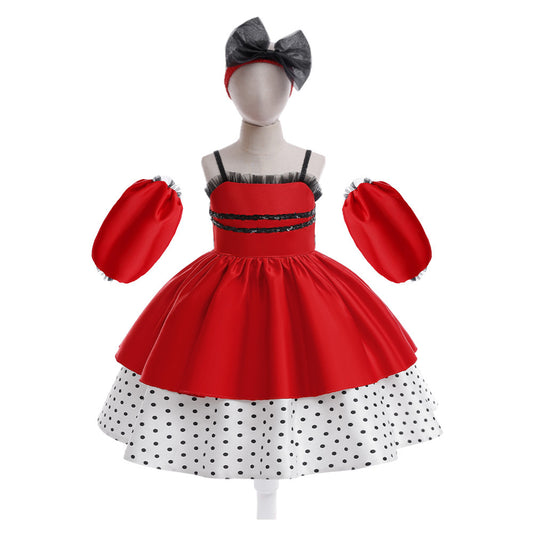 Red Polka Dot Satin A-Line Party Dress for Girls, Sweetheart Neck, Tiered Skirt