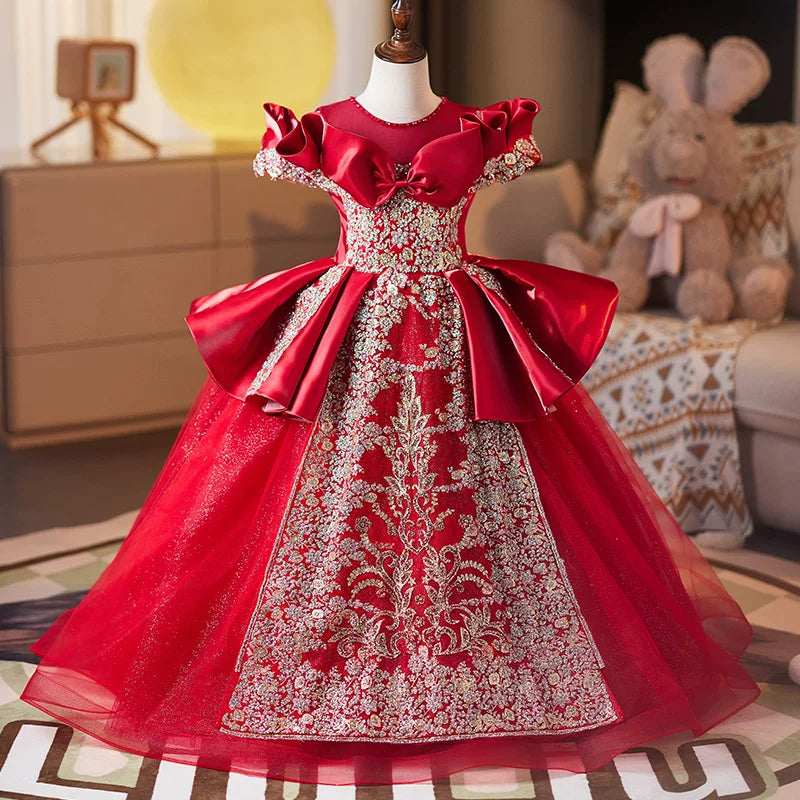 Red Sequin Princess Maxi Dress for Girls | Tiered Birthday & Flower Girl Gown